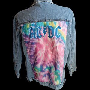 AC/DC Denim Jacket XL With Tie-Dye Back Patch Button Closure Pockets Light Wash